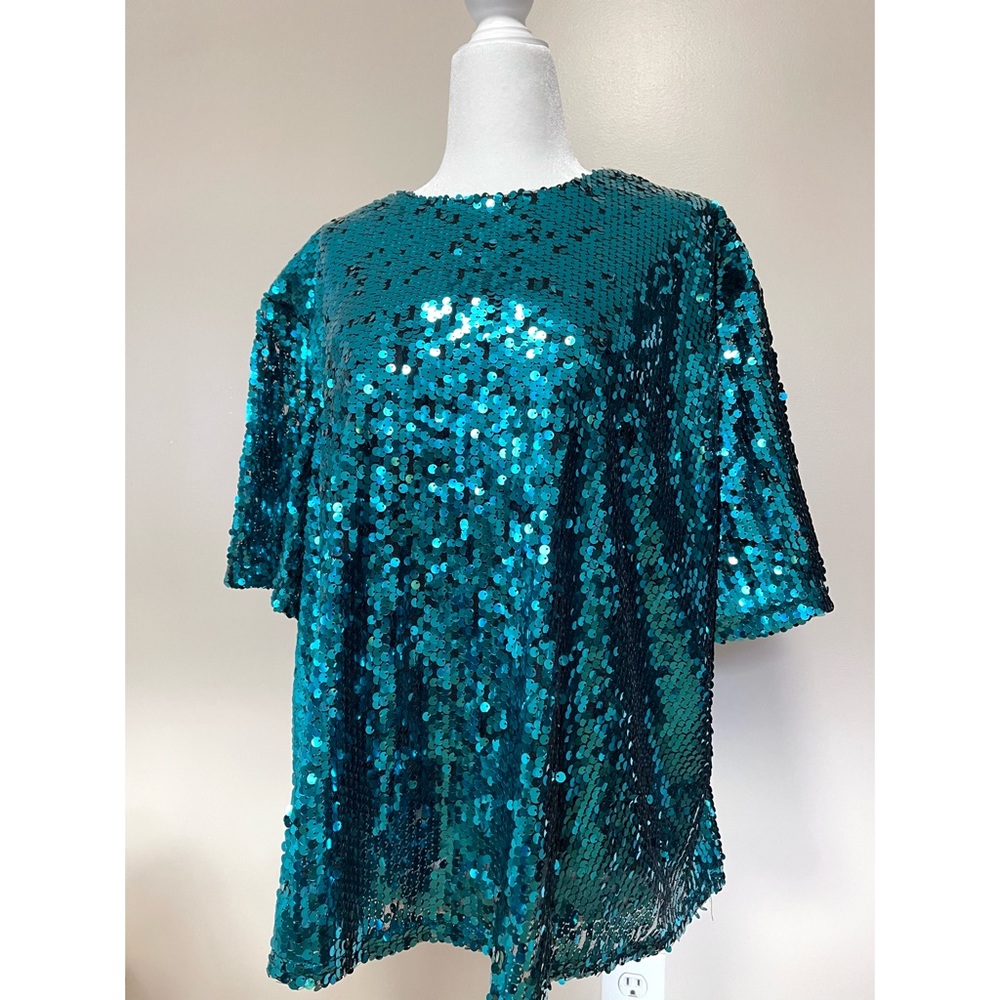 Teal Sequin Short Sleeve Party Shirt | NWT - Picture 2 of 5